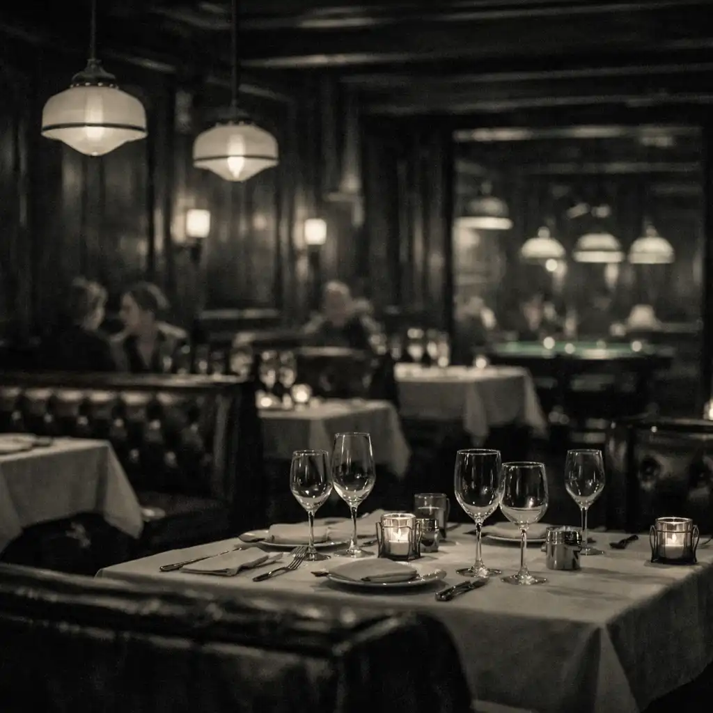 Interior of the Copper Court House dining room with dark timber paneling, leather booths, and warm pendant lights