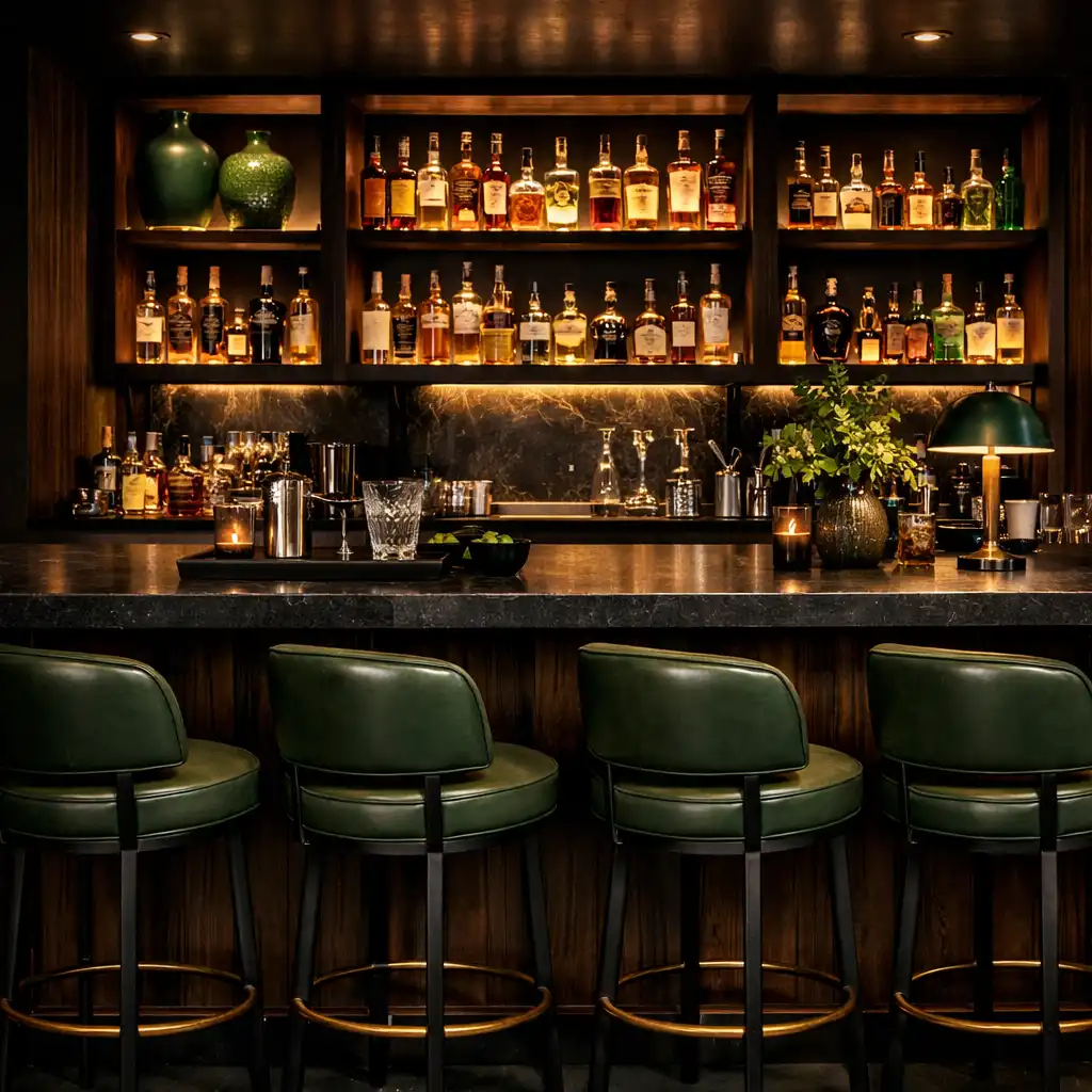 Stylish bar area with dark timber, backlit shelves of spirits, and leather stools