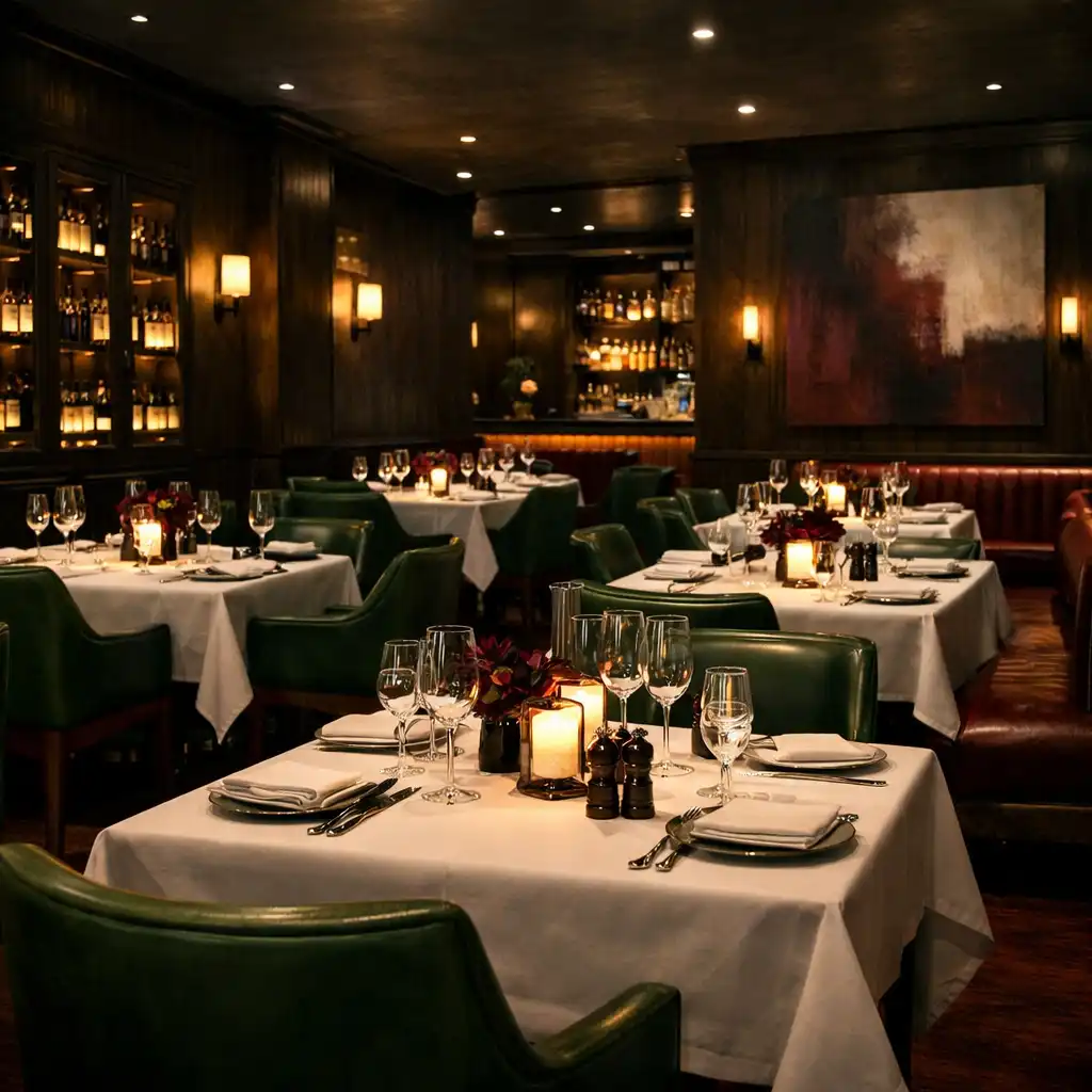 Wide view of the Copper Court House dining room with dark timber tables and soft pendant lighting
