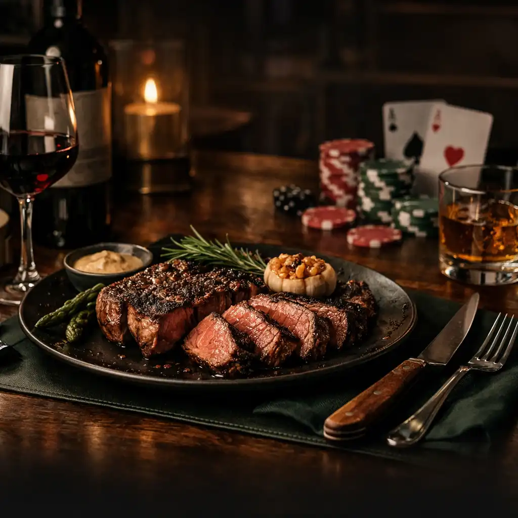 Elegant steakhouse dining table with premium steak, wine glasses, and subtle poker chips in the background