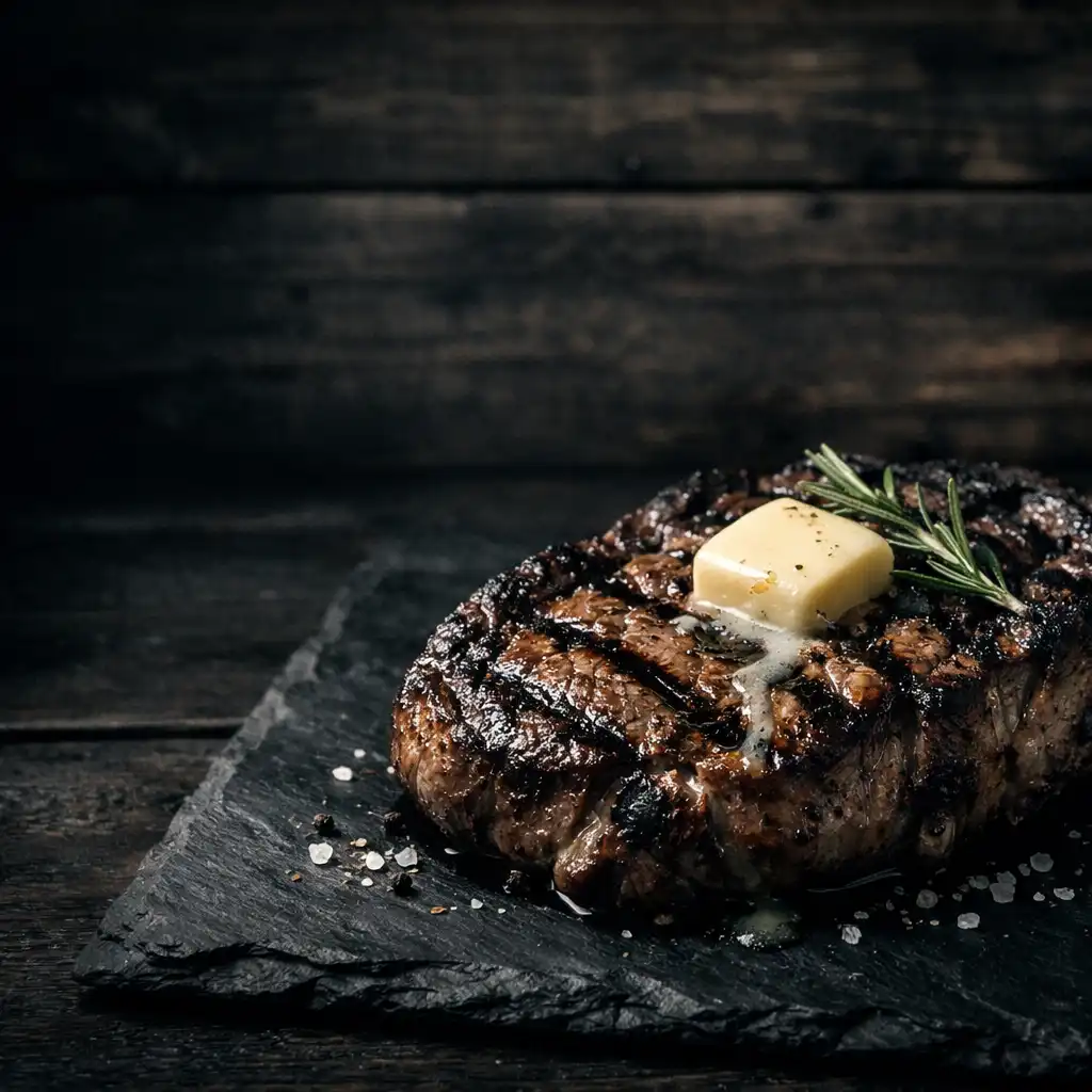 Grilled ribeye steak on a dark slate plate with rosemary and melting butter in moody lighting
