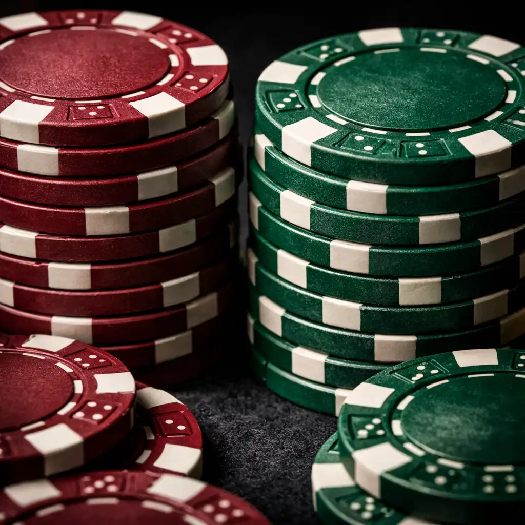 Stack of poker chips in burgundy, forest green, and ivory on a green felt table with fanned cards