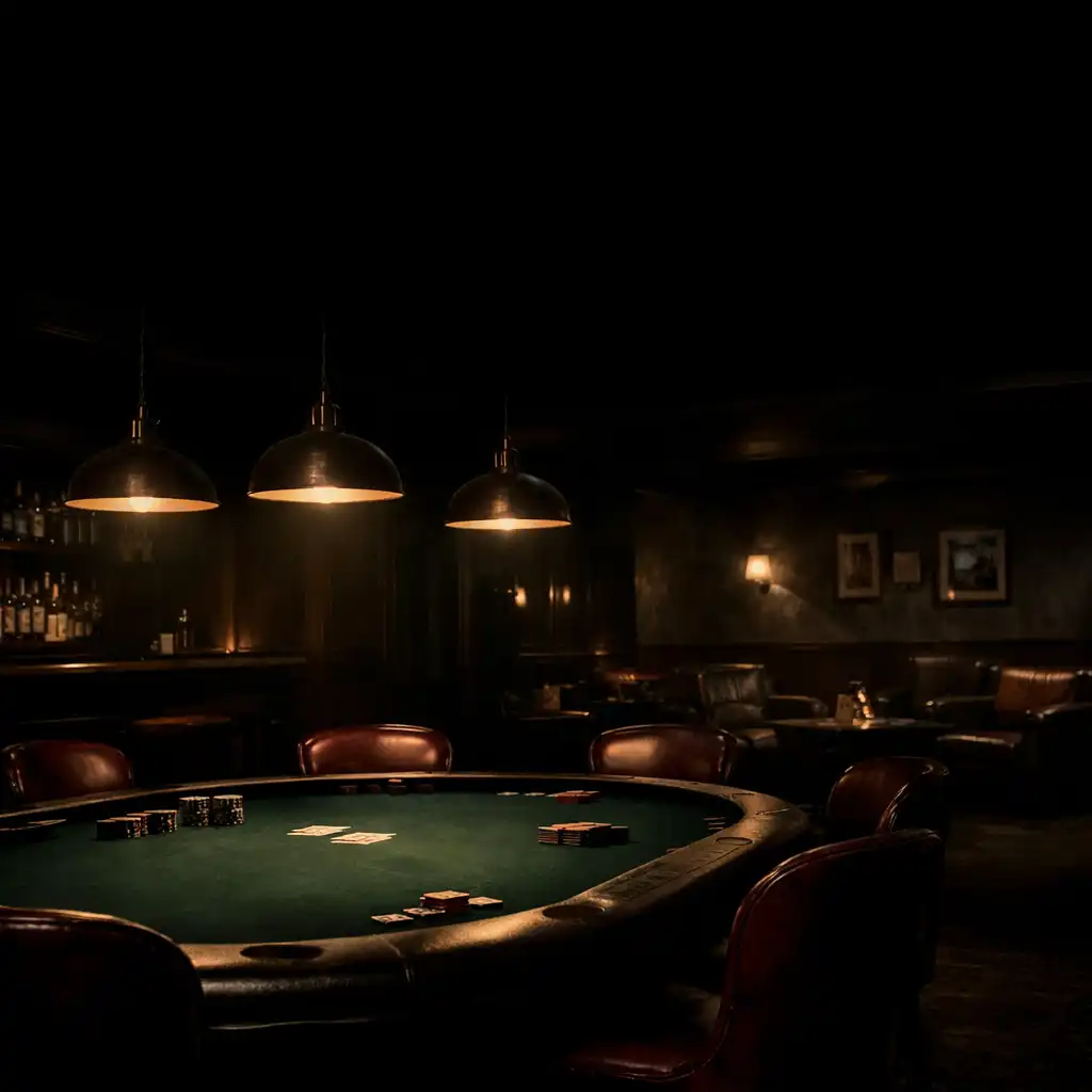 Moody poker lounge with dark timber, charcoal walls, and a green felt table under pendant lights