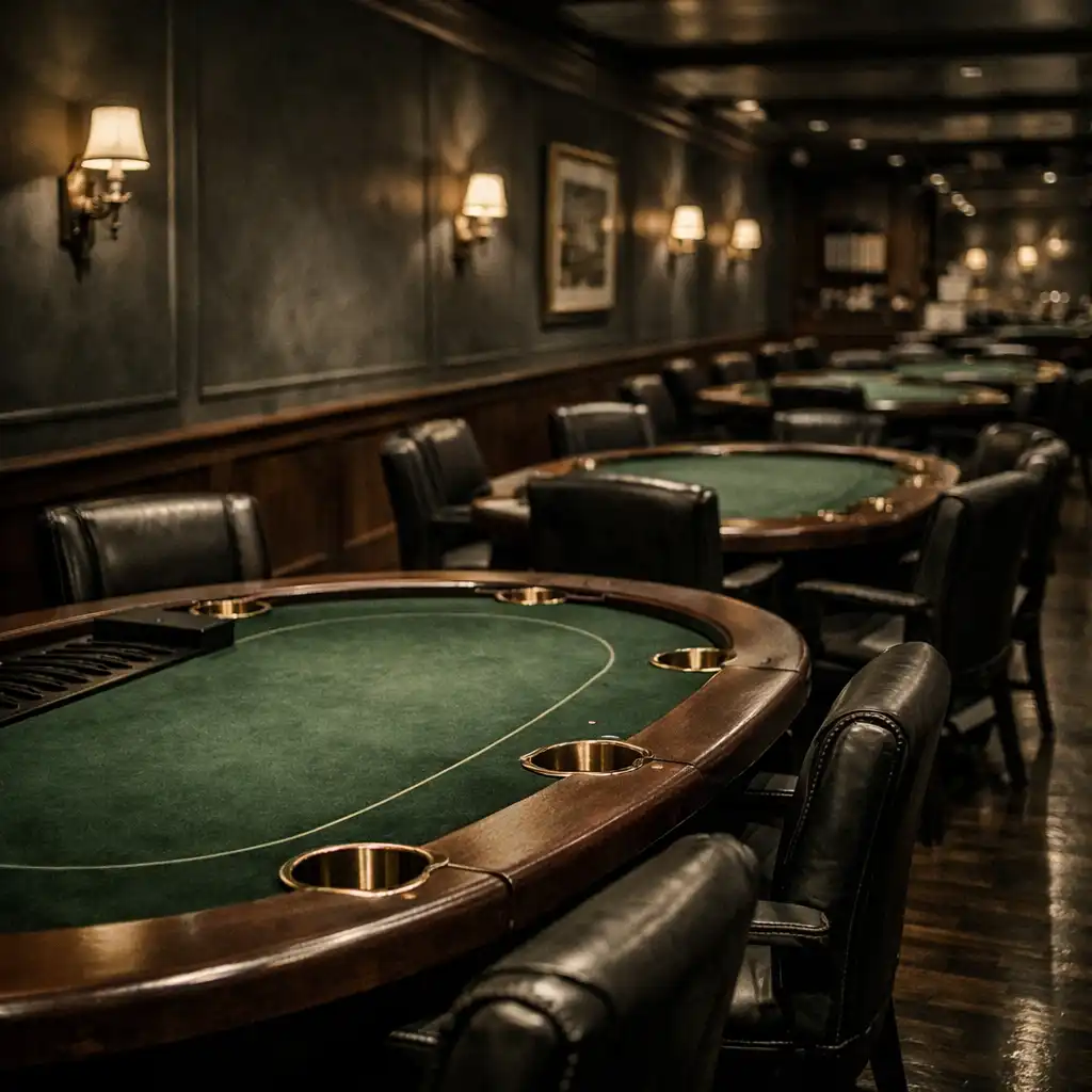 Interior of the poker lounge with a row of green felt tables and warm wall sconces