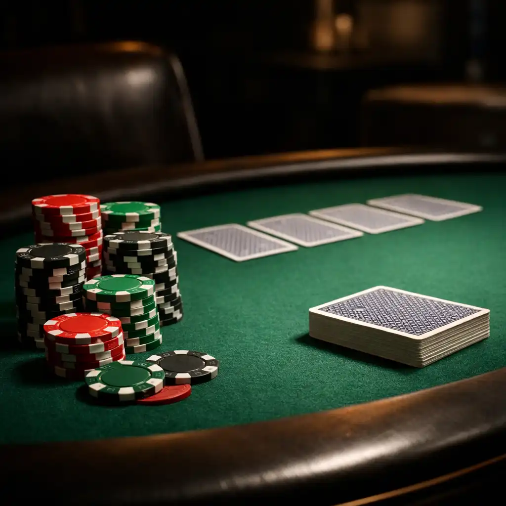 Professional poker table with green felt, stacks of chips, and a deck of cards in the private lounge