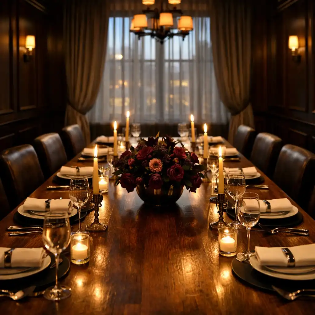 Private dining room with a long wooden table set for eight, candles, and dark paneled walls