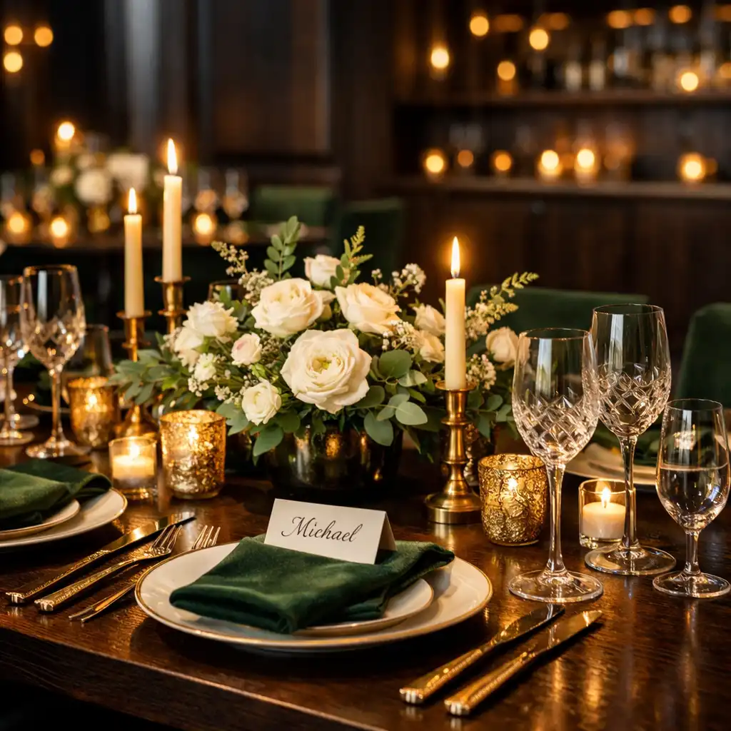 Private event space set with elegant table settings, floral arrangements, and warm lighting