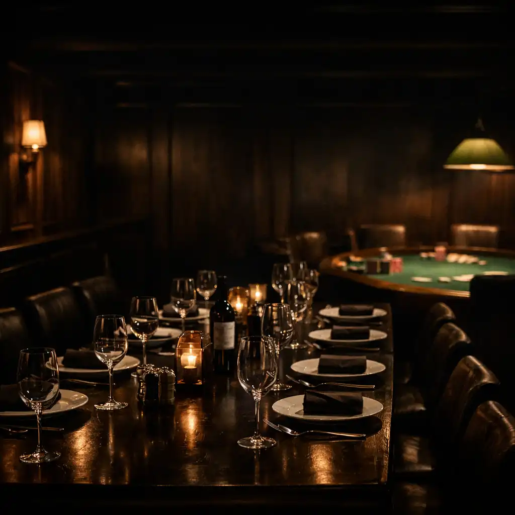 Moody private dining room at Copper Court House with a long table set for an event and a poker table in the background