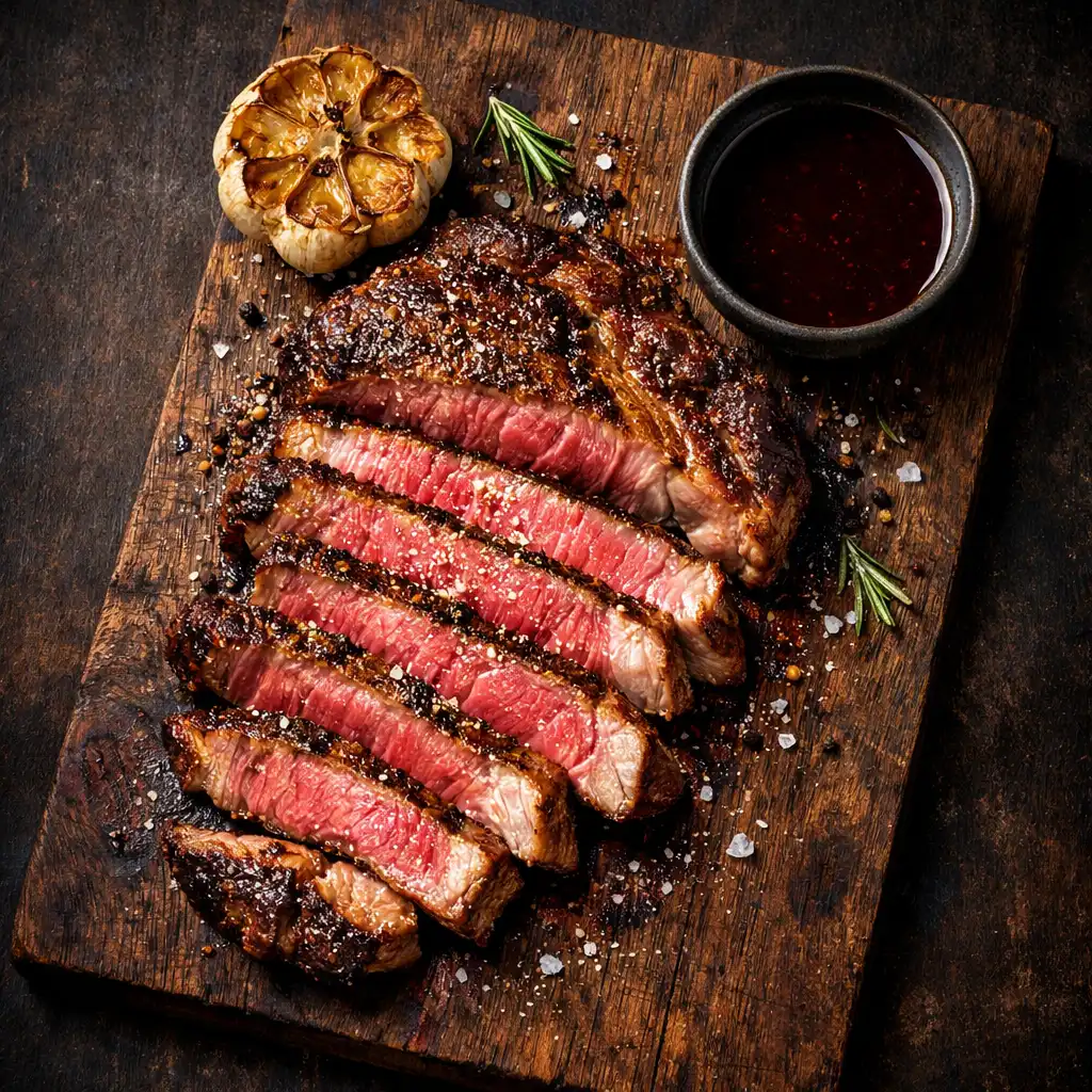Overhead view of sliced Wagyu ribeye on a rustic wooden board with roasted garlic and red wine jus