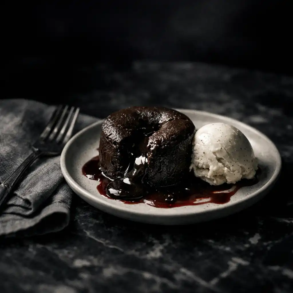 Chocolate fondant with vanilla bean ice cream and berry coulis on a dark marble table