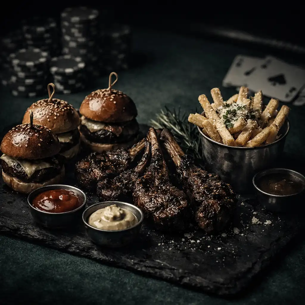 Poker Night Platter with sliders, lamb cutlets, and truffle fries on a green felt surface