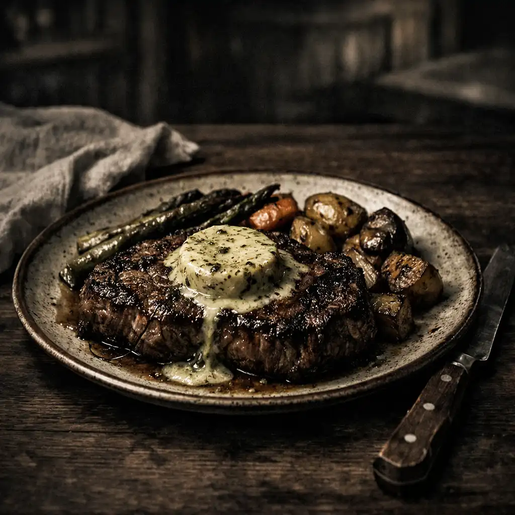 Copper Court Ribeye with café de Paris butter and roasted vegetables on a dark wooden table