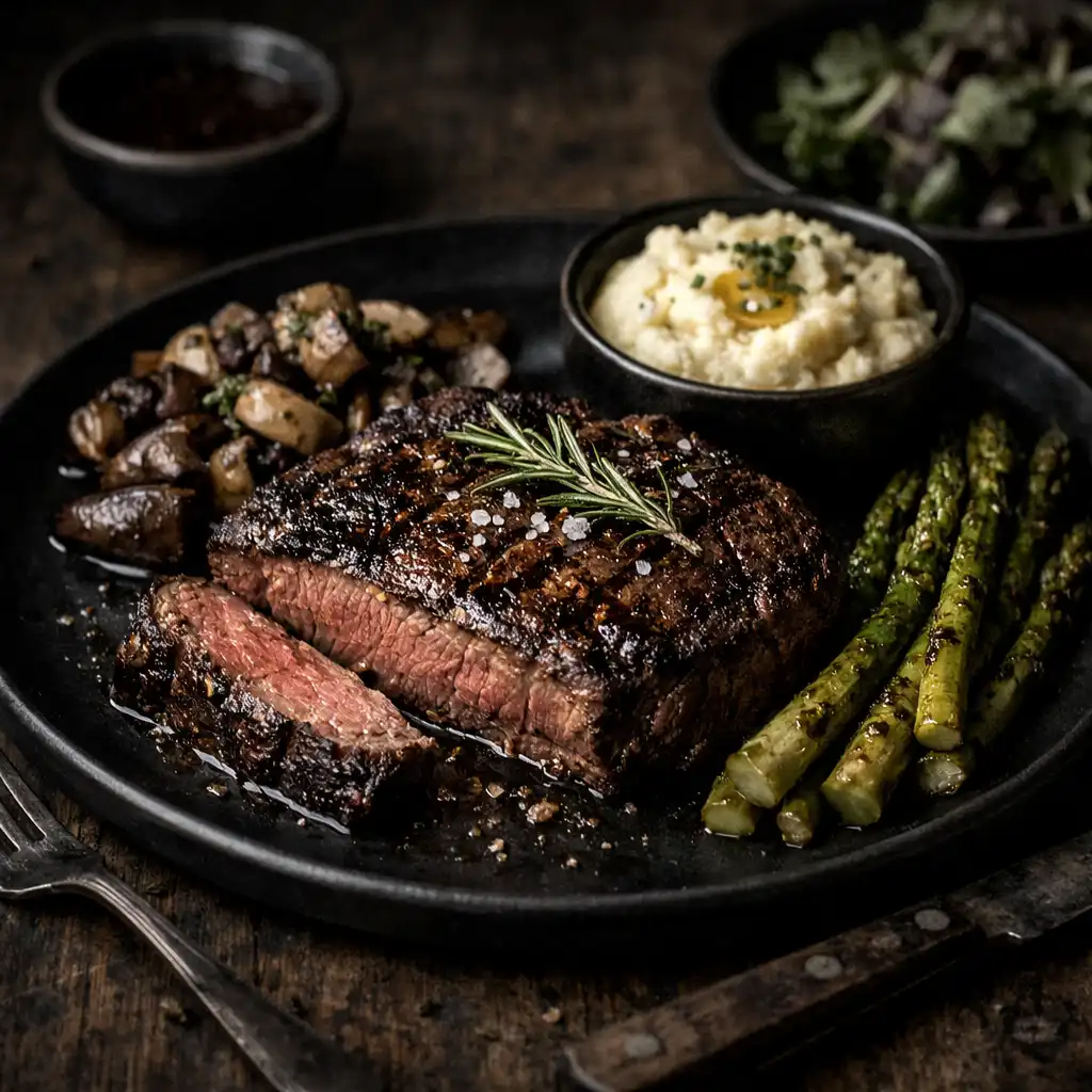 Beautifully plated premium steak with sides on a dark plate, photographed in moody lighting