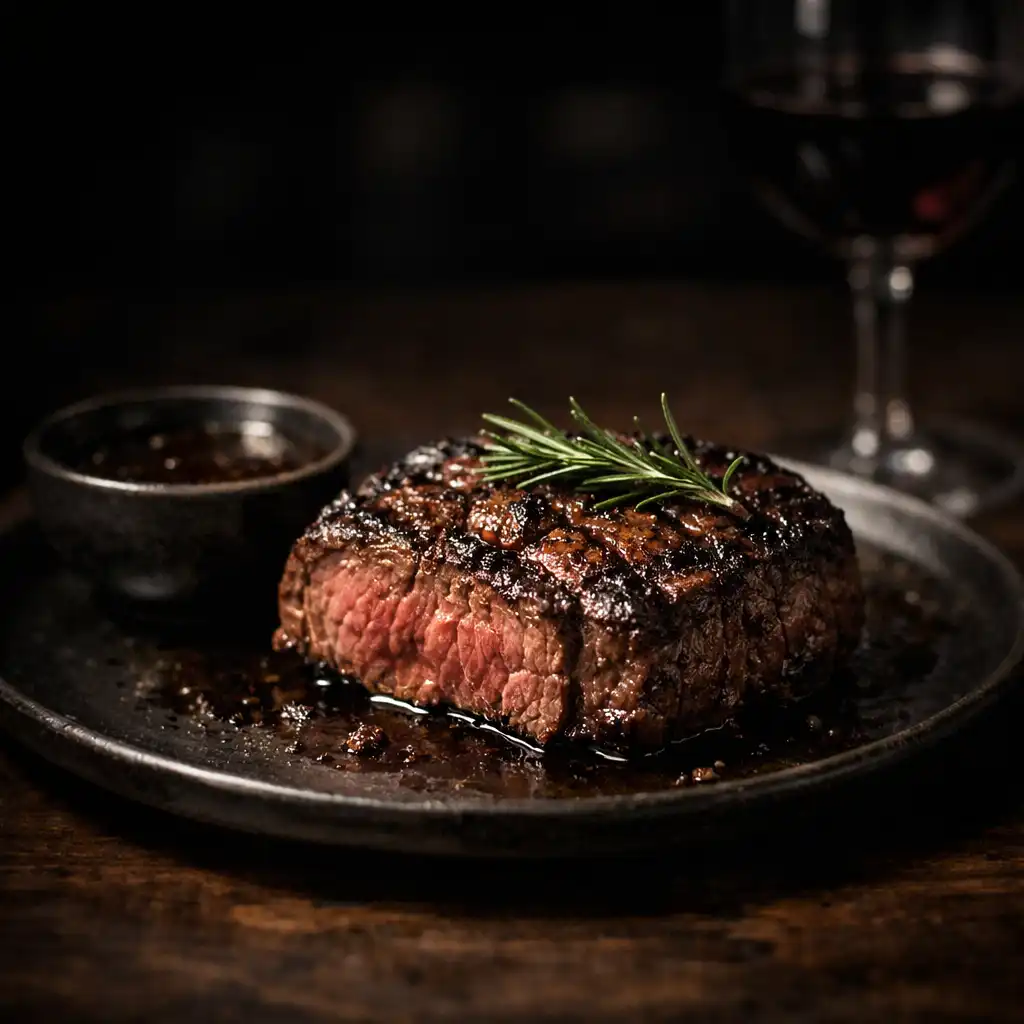 Premium steak dish on a dark plate with rosemary and a glass of red wine in the background