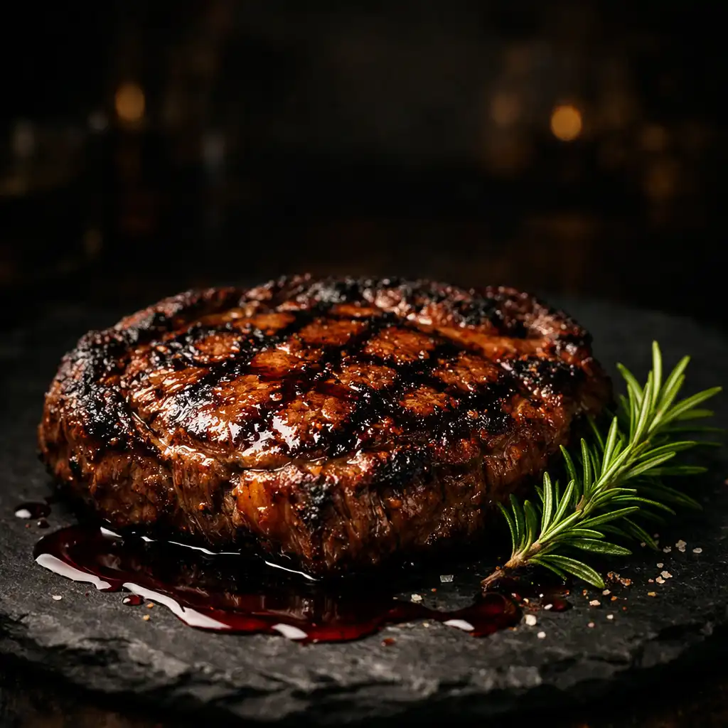 A cinematic close-up of a perfectly grilled ribeye steak on a dark slate plate with rosemary and red wine jus