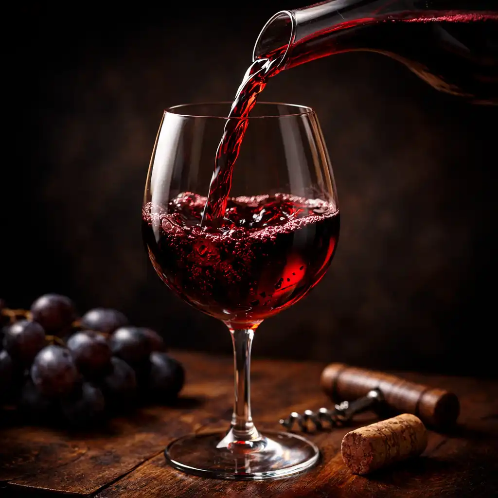 Close-up of red wine being poured from a decanter into a glass on a wooden table